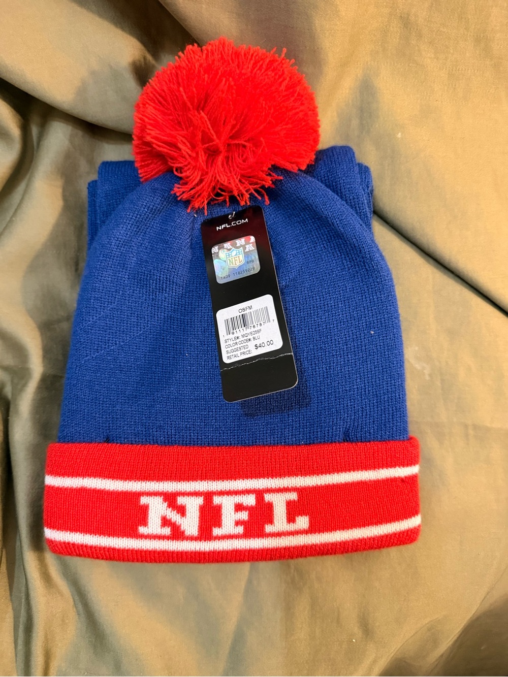NFL Team Apparel Pom Beanie Hat in Royal Blue and Red and scarf set.